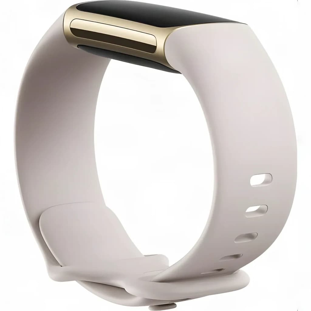 Bracelete smartwatch Fitbit Infinity Band Lunar White Large Silicone, em uso: bracelete em anel com corpo dourado e furos