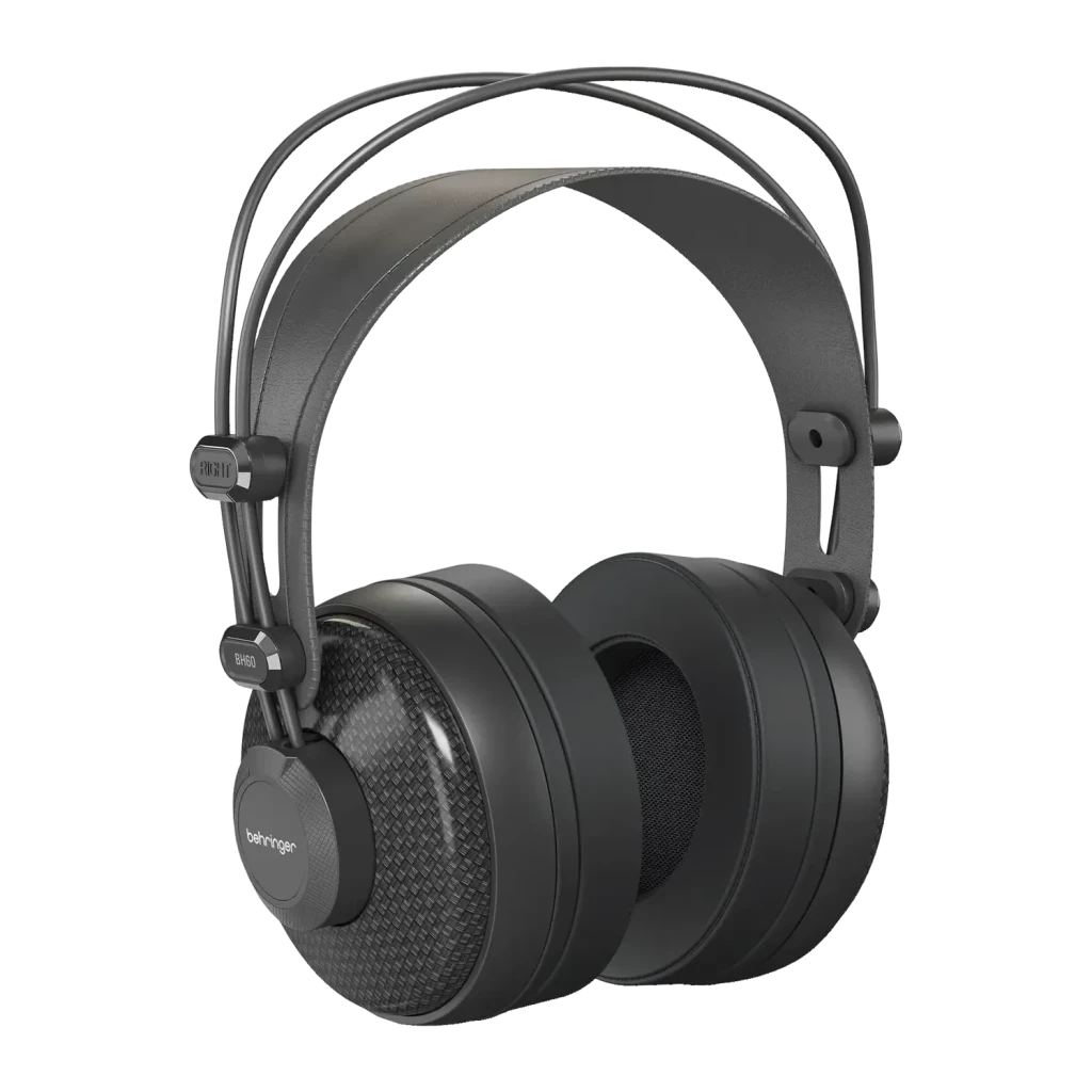 Casque Behringer BH60 Circumaural Filaire Driver 51mm, vue de face: arceau double, coussinets circumauraux et grille