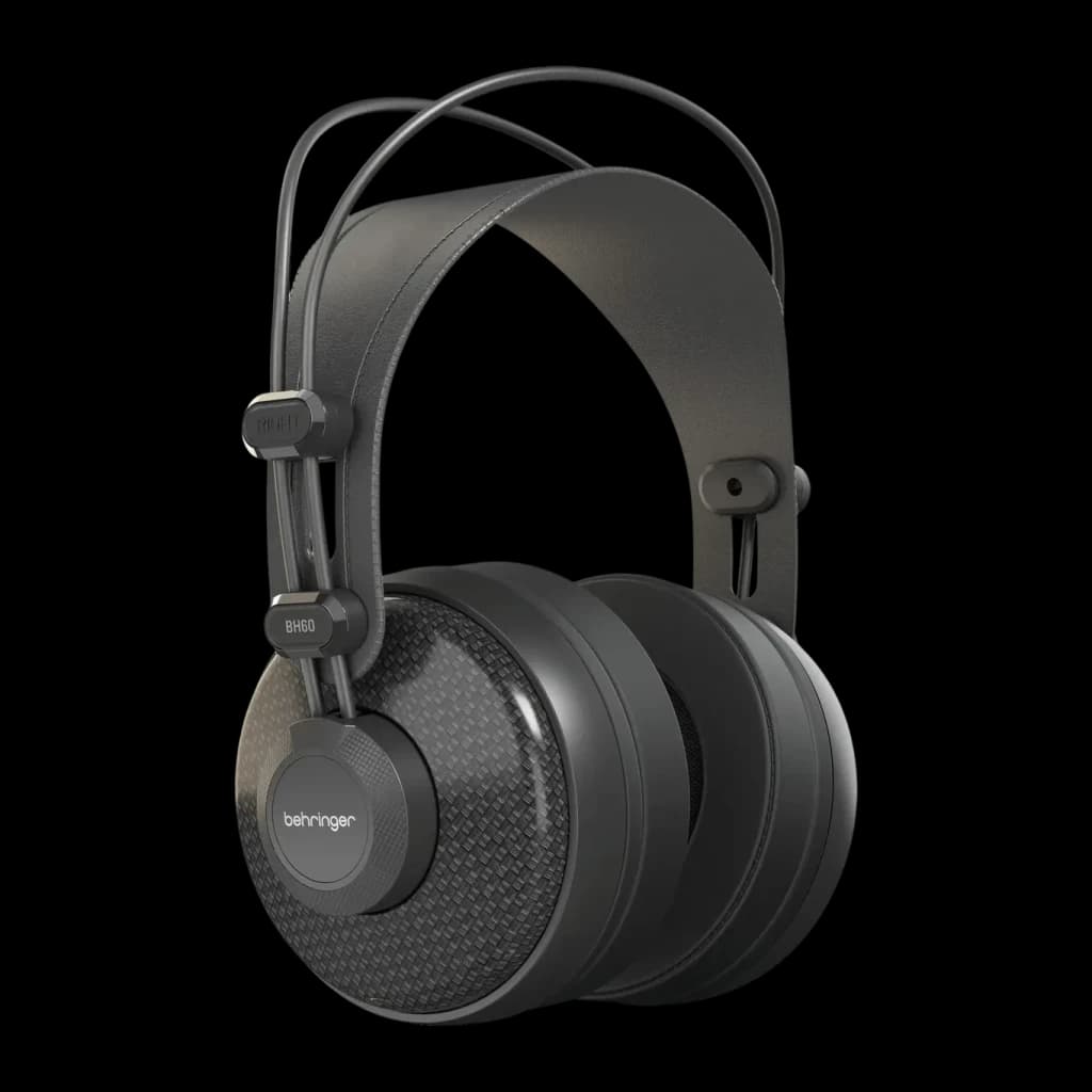 Casque Behringer BH60 Circumaural Filaire Driver 51mm, détail: coque à grille texturée et logo behringer en vue latérale 3/4