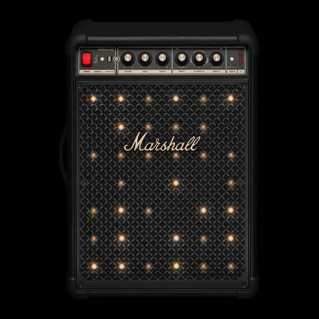 Coluna Portátil Marshall PARTY S.BROMLEY450 IP55 40h Bluetooth 5.3 Auracast, vista frontal: grelha preta com luzes LED