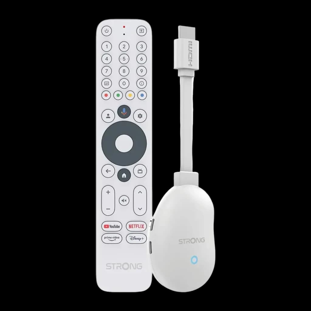 Reproductor Multimedia Strong 2GB/8GB Blanco WiFi 6 4K Ultra HD Android 12 LEAP-NEVE, vista frontal: stick HDMI y mando
