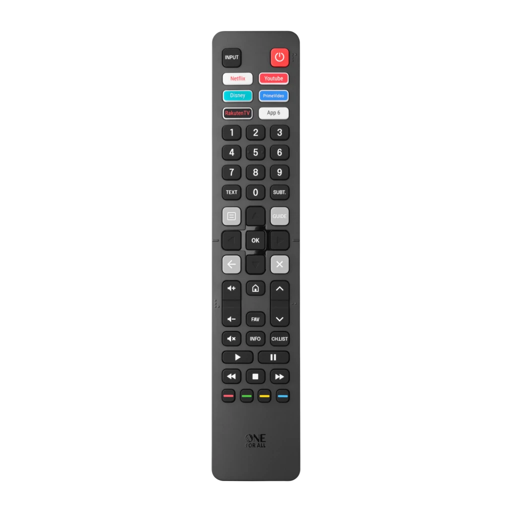 Comando à distância One for All URC4916 para Hisense Infravermelhos, vista frontal: botões Netflix YouTube Disney e teclado