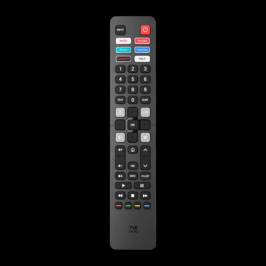 Comando à distância One for All URC4916 para Hisense Infravermelhos, vista frontal: botões Netflix YouTube Disney e teclado