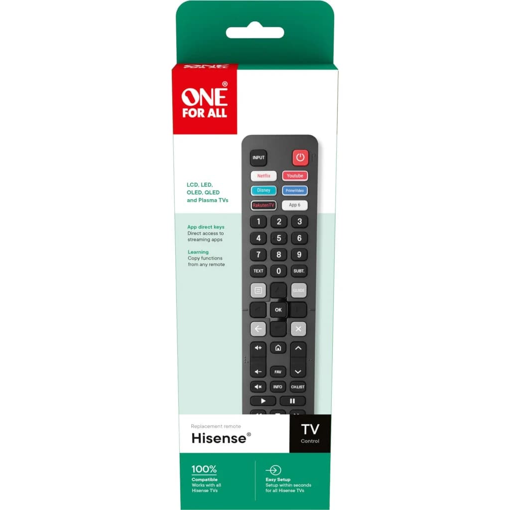 Comando à distância One for All URC4916 para Hisense Infravermelhos, conteúdo da caixa: embalagem com comando preto e teclas