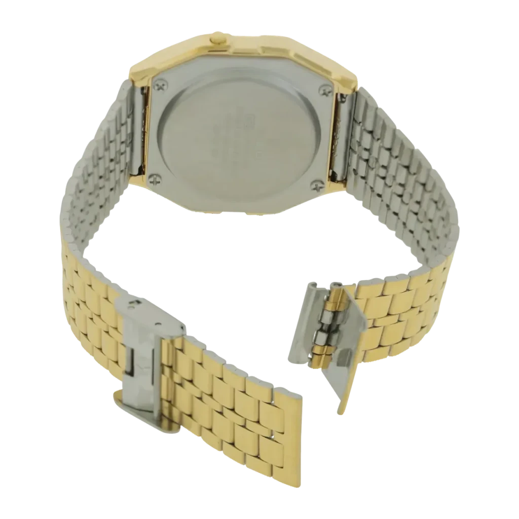 Casio Vintage A159WGEA-1DF Preto/Dourado Cronómetro, Alarme, Calendário Pilha, vista traseira: caixa metálica e bracelete