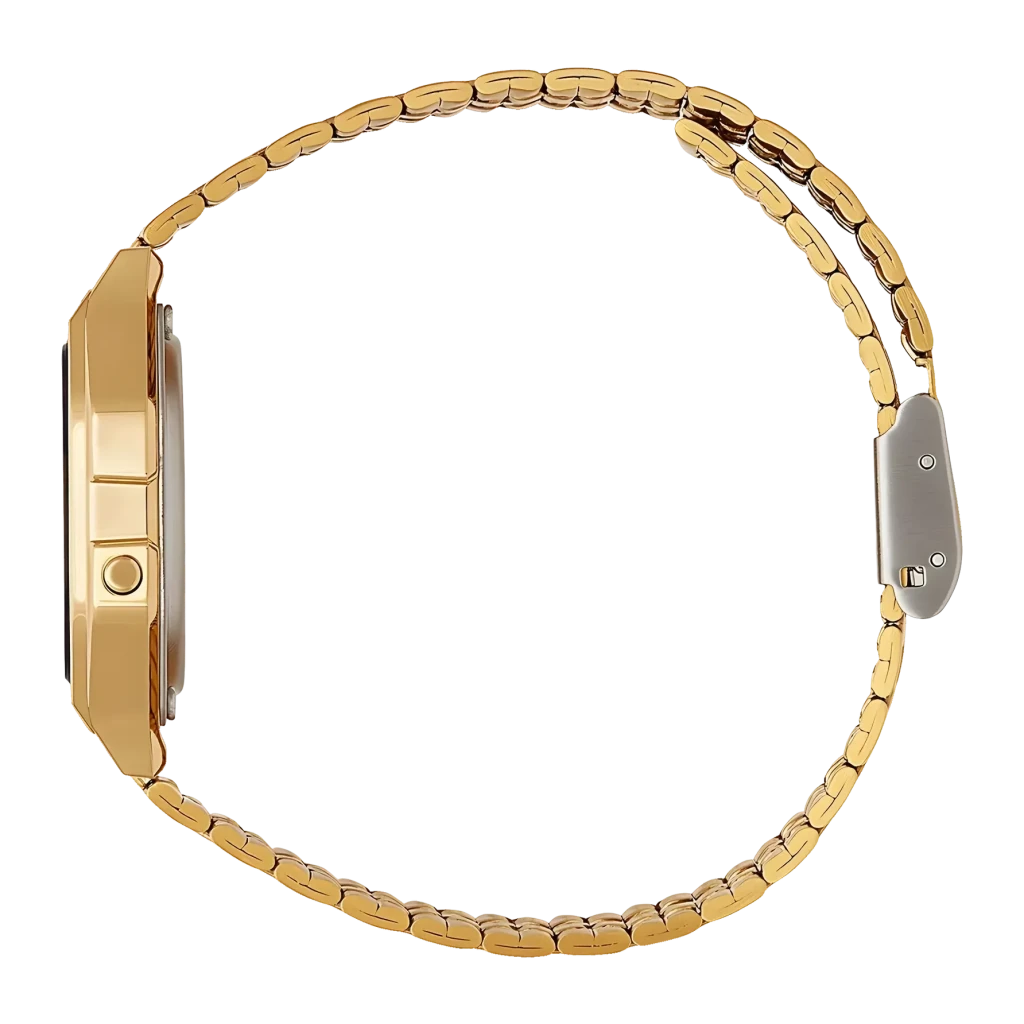 Casio Vintage A159WGEA-1DF Preto/Dourado Cronómetro, Alarme, Calendário Pilha, detalhe: perfil lateral com bracelete dourado