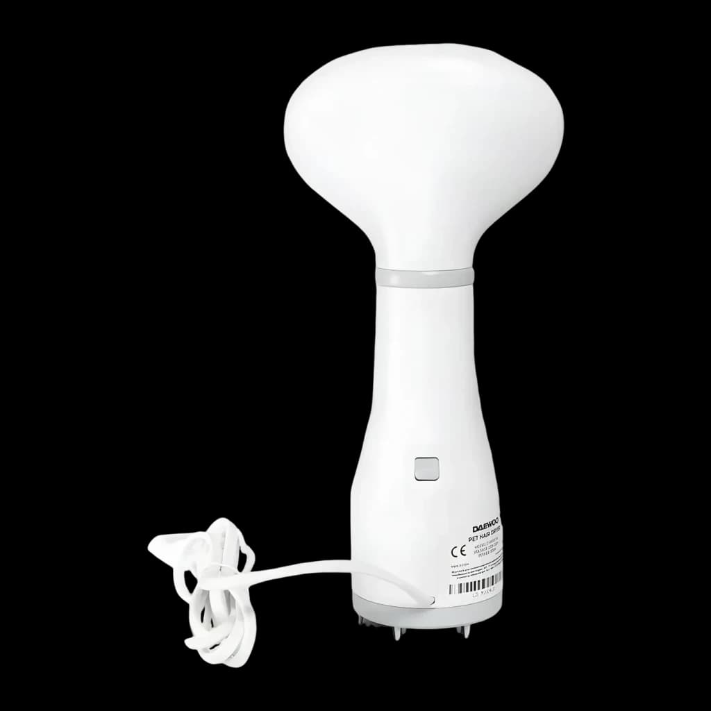 Sèche-poils Daewoo Universel (chiens et chats) Gris Blanc D-PF017, vue arrière: câble, étiquette CE et embouts de massage