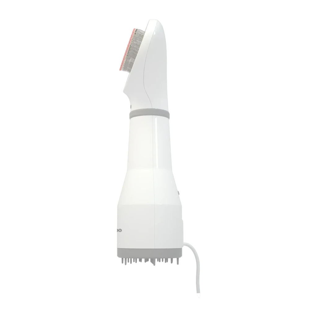 Sèche-poils Daewoo Universel (chiens et chats) Gris Blanc D-PF017, détail latéral: buse brosse rose, bande grise et peigne