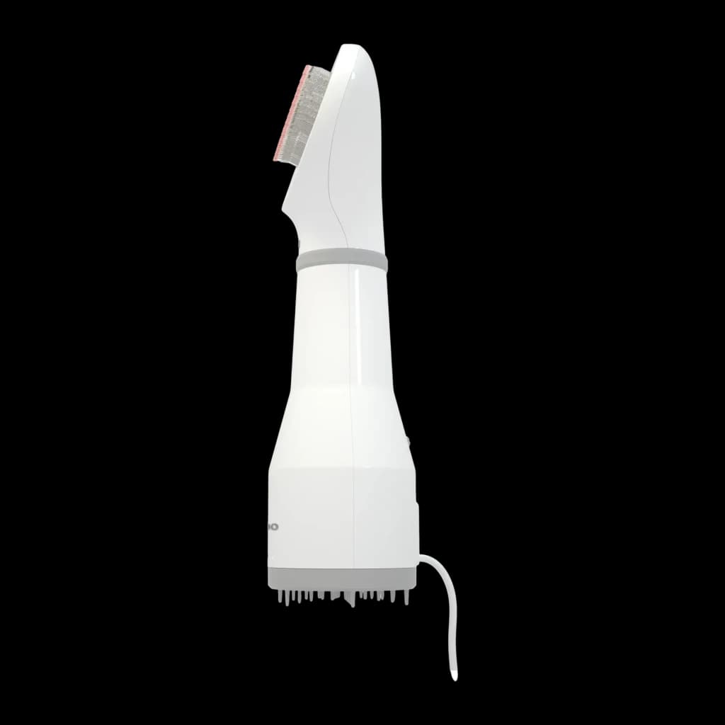 Sèche-poils Daewoo Universel (chiens et chats) Gris Blanc D-PF017, détail latéral: buse brosse rose, bande grise et peigne