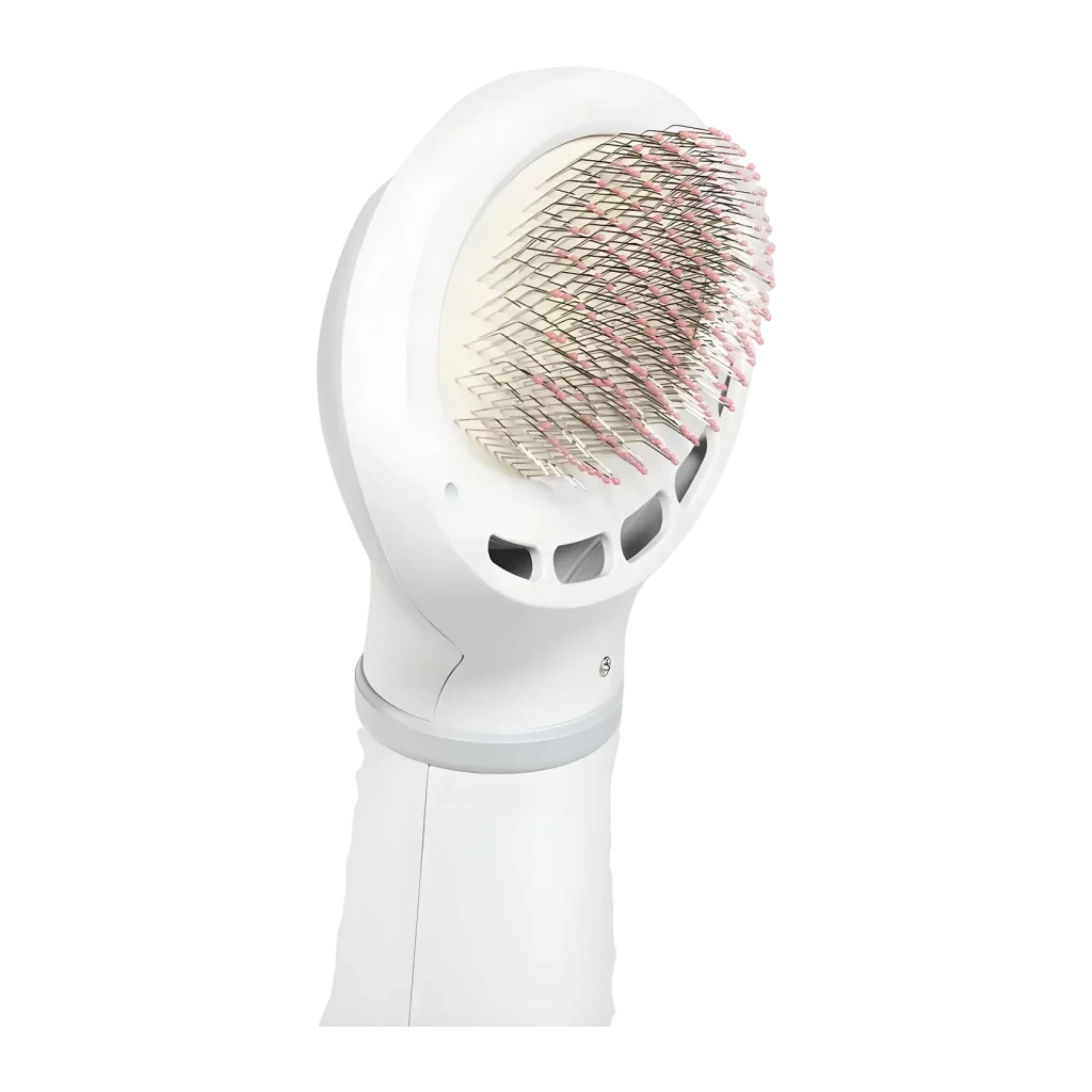 Sèche-poils Daewoo Universel (chiens et chats) Gris Blanc D-PF017, détail: tête avec brosse à picots roses sur fond noir