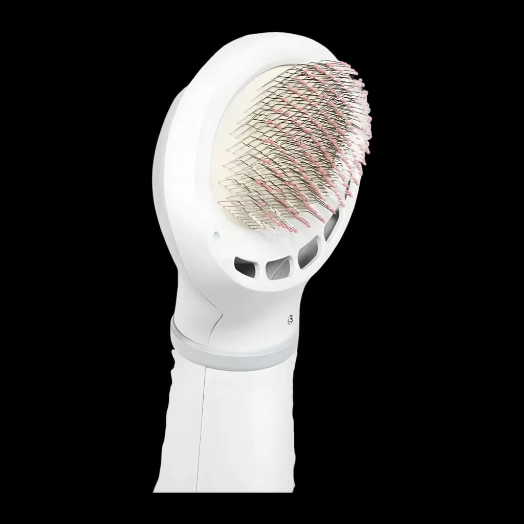 Sèche-poils Daewoo Universel (chiens et chats) Gris Blanc D-PF017, détail: tête avec brosse à picots roses sur fond noir