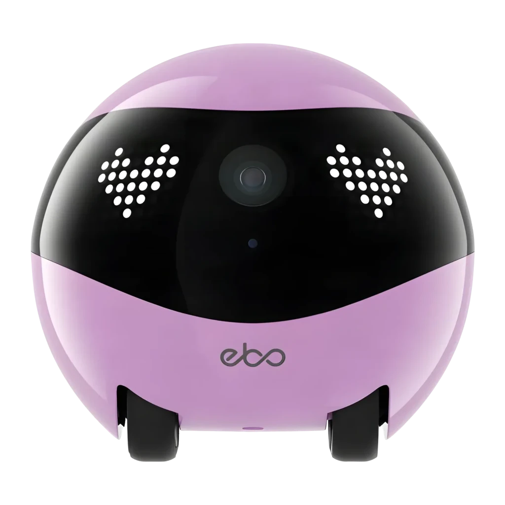 Robot câmara Enabot EBO Air 2 Rosa 2K 137°, detalhe frontal: lente central, altifalantes laterais, logo ebo e rodas