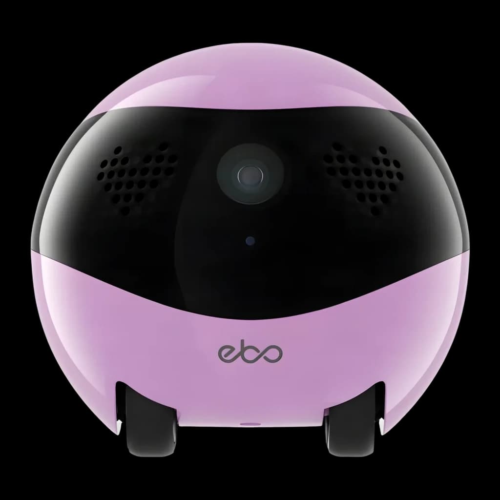 Robot câmara Enabot EBO Air 2 Rosa 2K 137°, detalhe frontal: lente central, altifalantes laterais, logo ebo e rodas
