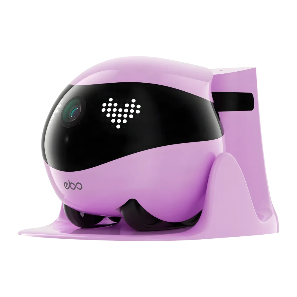Robot câmara Enabot EBO Air 2 Rosa 2K 137°, detalhe: corpo rosa com cúpula preta, lente grande angular e ecrã LED em coração