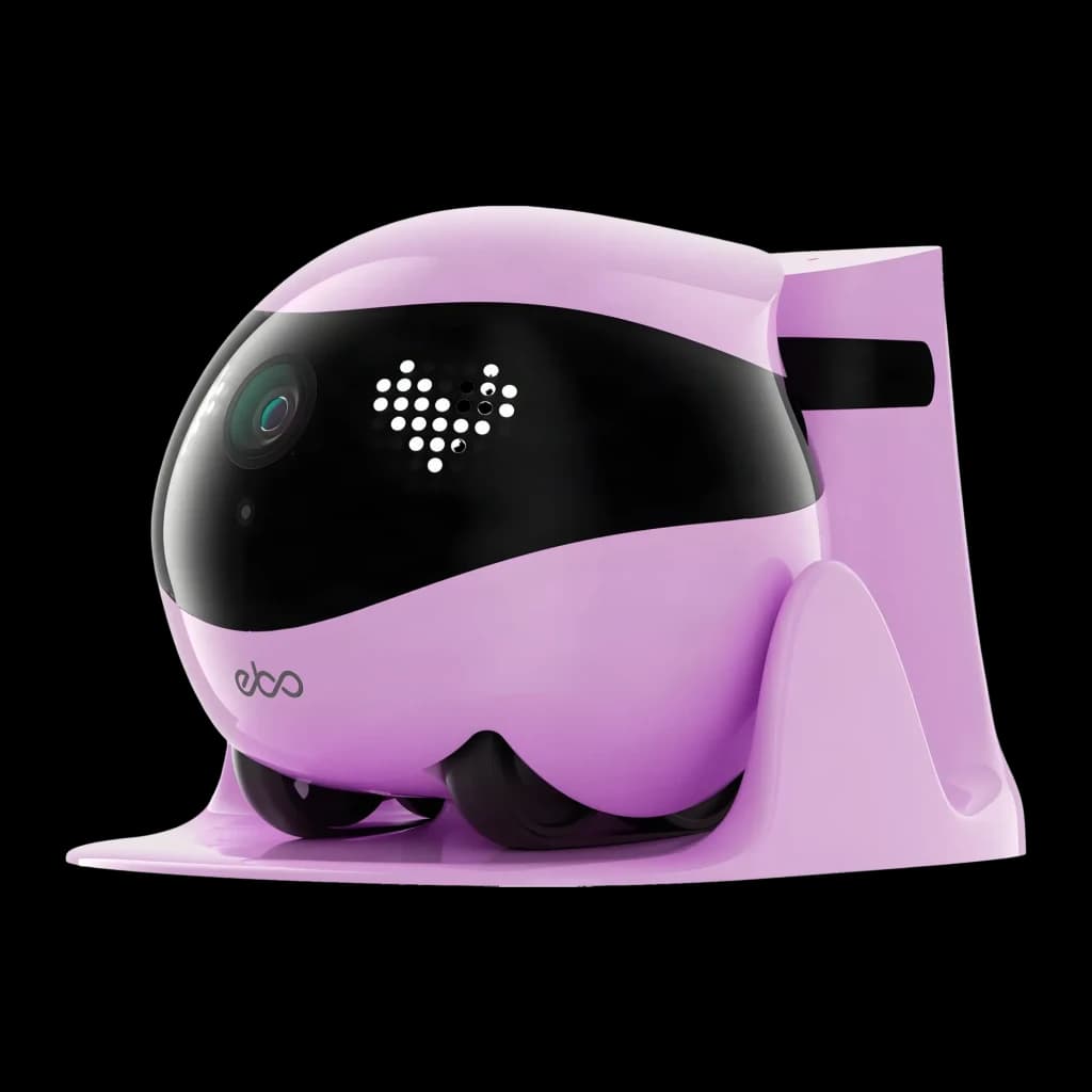 Robot câmara Enabot EBO Air 2 Rosa 2K 137°, detalhe: corpo rosa com cúpula preta, lente grande angular e ecrã LED em coração