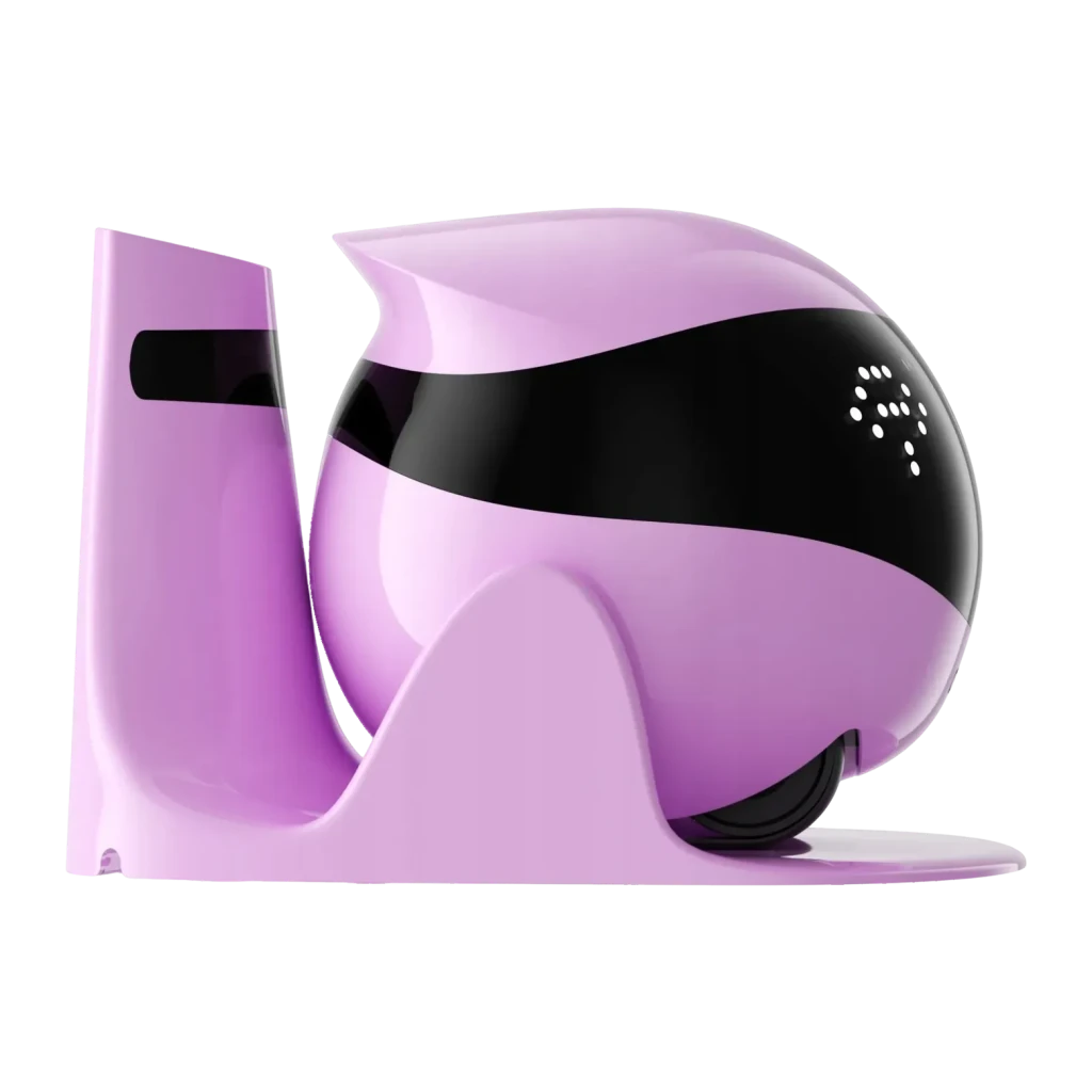 Robot câmara Enabot EBO Air 2 Rosa 2K 137°, detalhe lateral: corpo esférico rosa com faixa preta, altifalante e roda visíveis