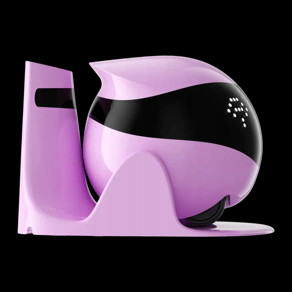 Robot câmara Enabot EBO Air 2 Rosa 2K 137°, detalhe lateral: corpo esférico rosa com faixa preta, altifalante e roda visíveis