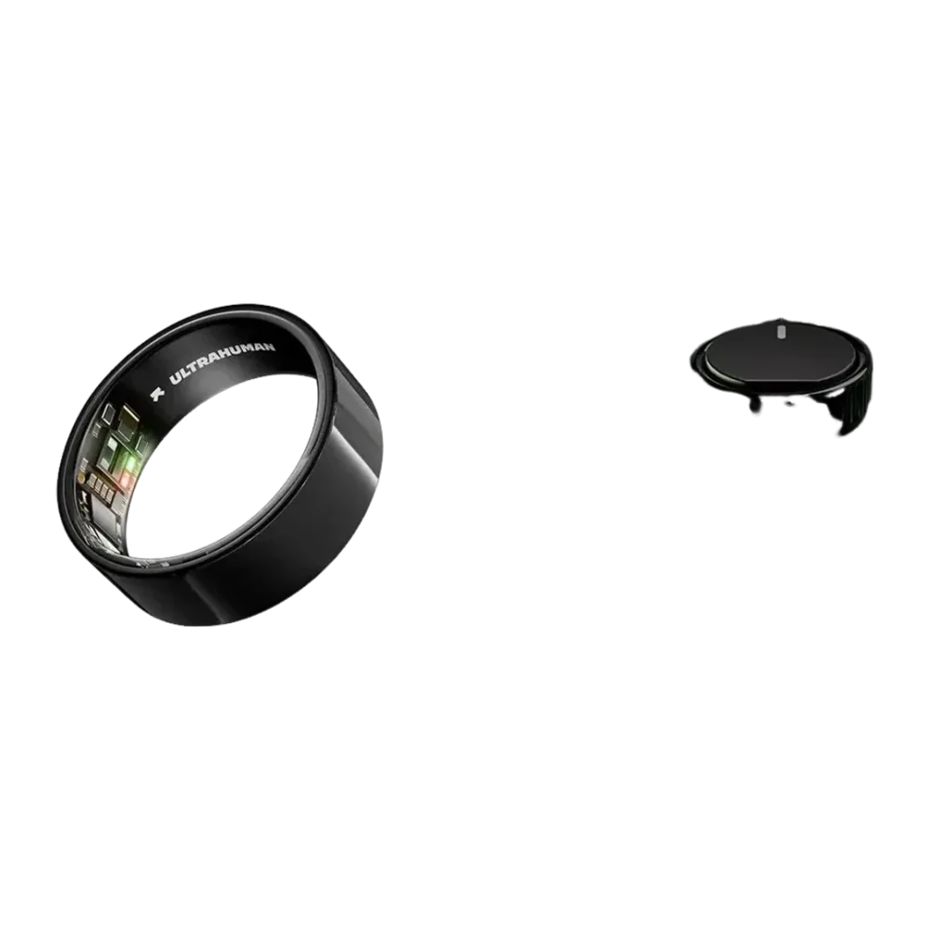Ultrahuman Ring Air Talla 6 Negro Temperatura Corporal Batería 6 Días Titanio, vista con cargador: anillo en ángulo