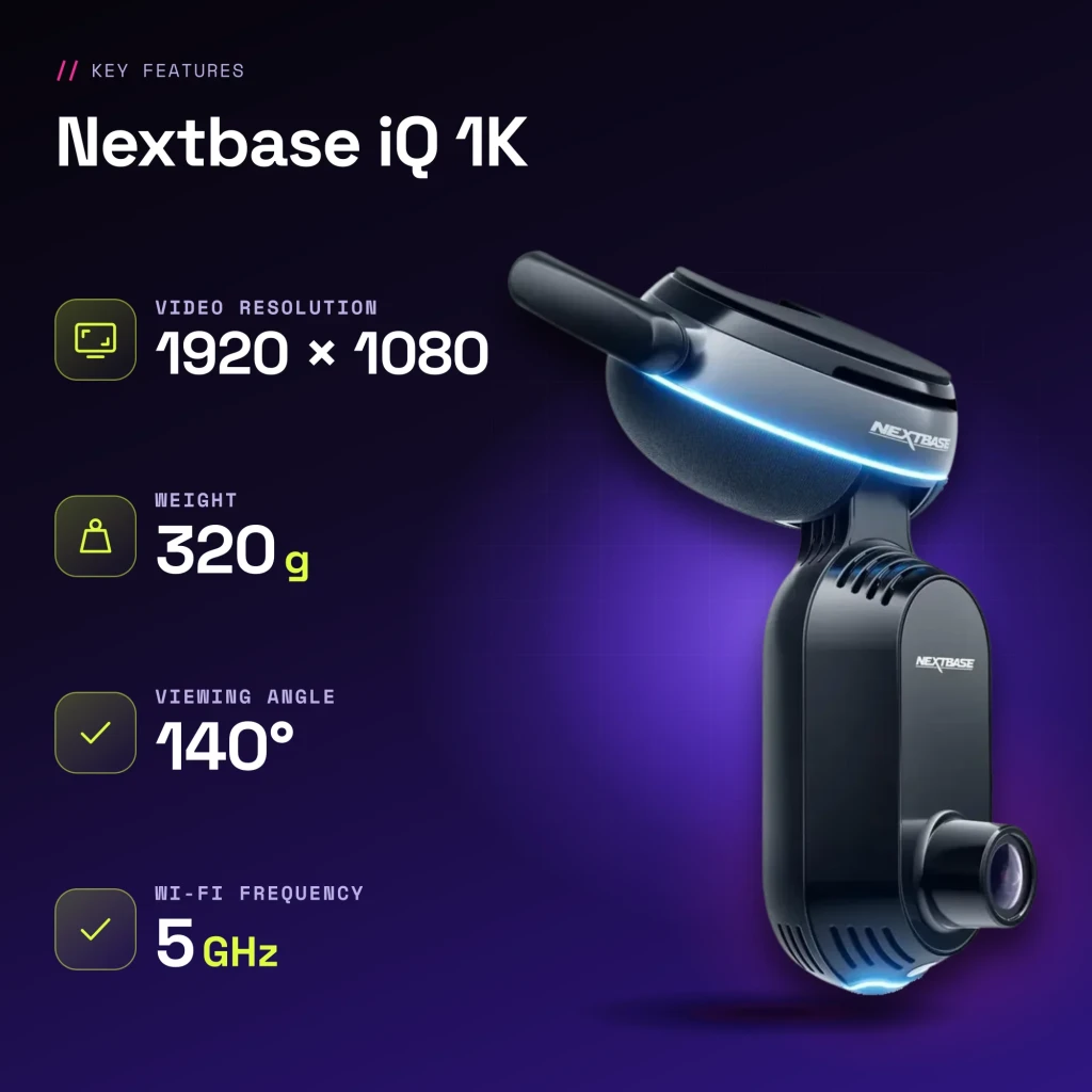 Dashcam Nextbase iQ 1K Noir 2CH 1080p GPS - caractéristiques