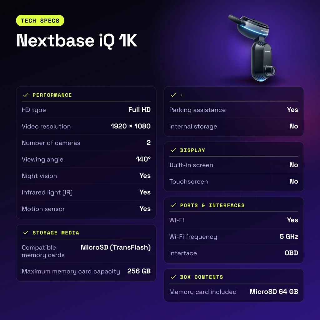 Dashcam Nextbase iQ 1K Noir 2CH 1080p GPS - caractéristiques
