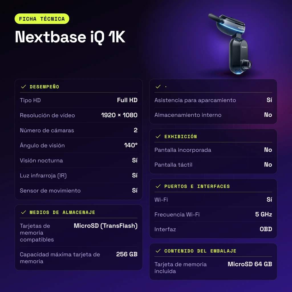 Dashcam Nextbase iQ 1K Noir 2CH 1080p GPS - caractéristiques