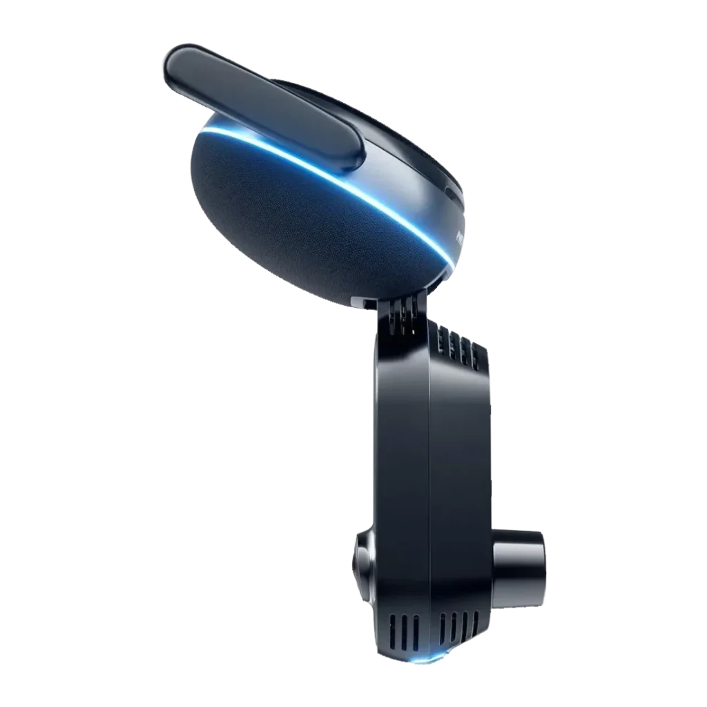 Dashcam Nextbase iQ 1K Noir 2CH 1080p GPS, détail latéral: anneau LED bleu sur support sphérique et module caméra inférieur