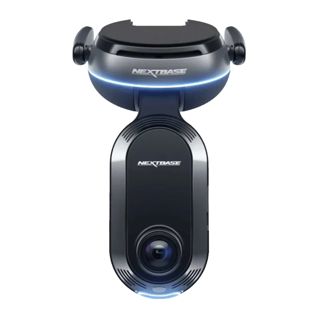 Dashcam Nextbase iQ 1K Noir 2CH 1080p GPS, détail avant: objectif grand angle et support avec lumière LED bleue