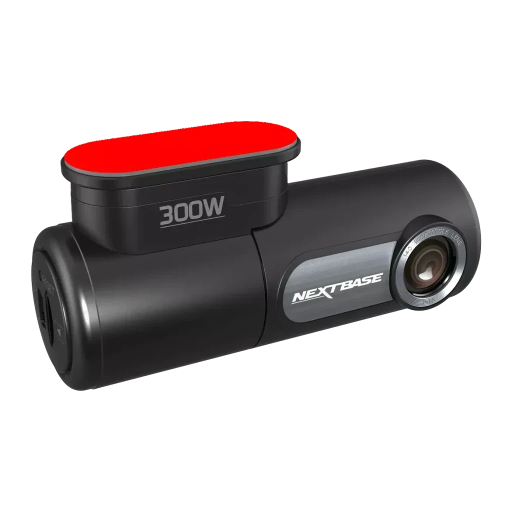 Dashcam Nextbase 300W Noir 1CH 1080p Full HD WiFi, détail: vue latérale avec objectif grand angle, support rouge et gravure