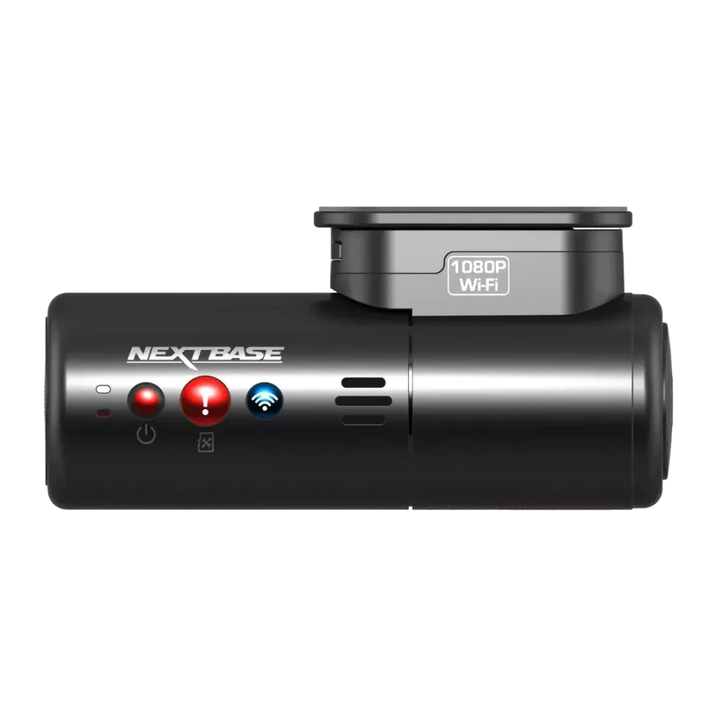 Dashcam Nextbase 300W Noir 1CH 1080p Full HD WiFi, vue arrière: boutons alimentation et incident, icône WiFi et étiquette