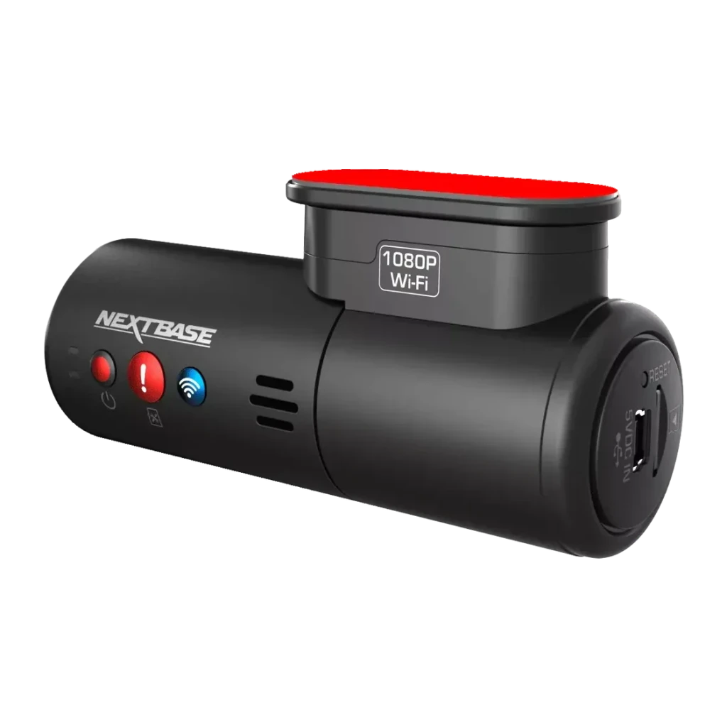 Dashcam Nextbase 300W Noir 1CH 1080p Full HD WiFi, détail: boutons latéraux, logo, étiquette 1080P Wi-Fi et port USB visibles