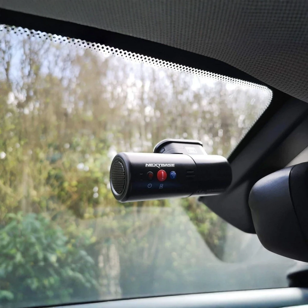 Dashcam Nextbase 300W Noir 1CH 1080p Full HD WiFi, en utilisation: fixée au pare-brise par ventouse, boutons frontaux