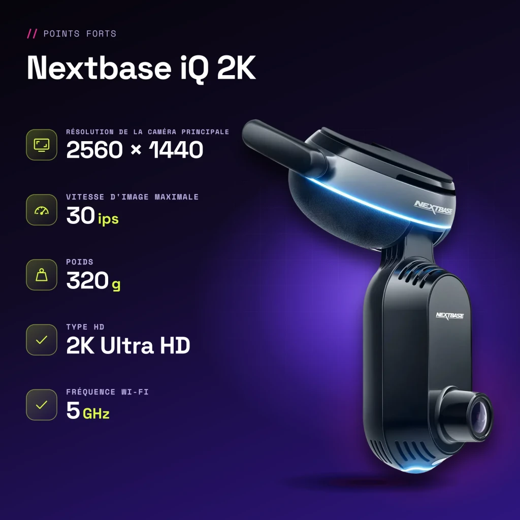 Dashcam Nextbase iQ 2K Noir 2CH 1440p GPS - caractéristiques
