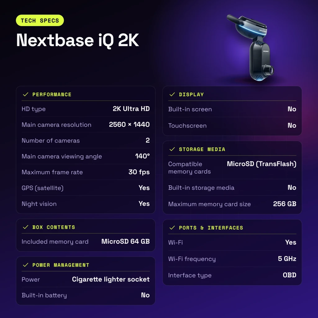Dashcam Nextbase iQ 2K Noir 2CH 1440p GPS - caractéristiques
