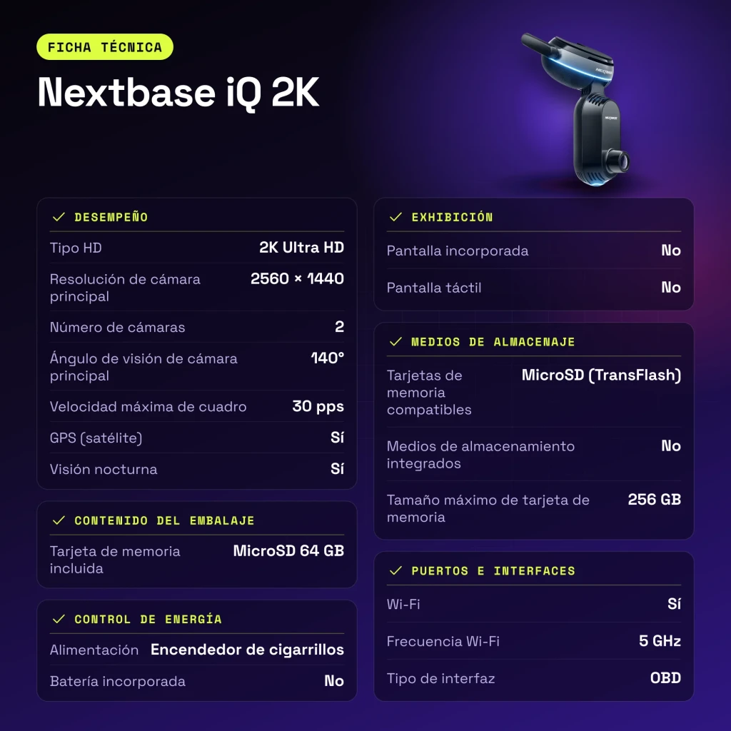 Dashcam Nextbase iQ 2K Noir 2CH 1440p GPS - caractéristiques