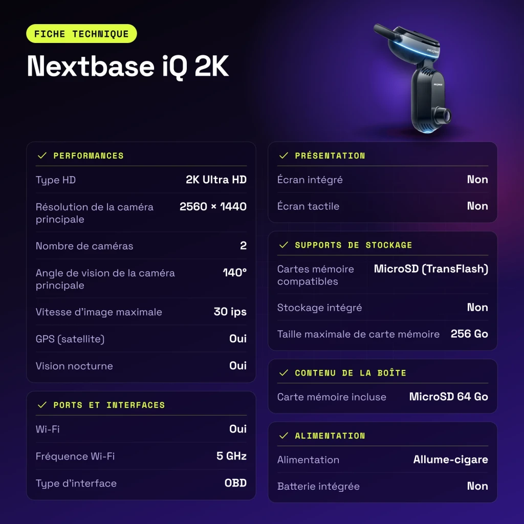 Dashcam Nextbase iQ 2K Noir 2CH 1440p GPS - caractéristiques