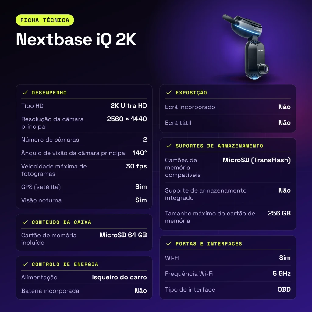 Dashcam Nextbase iQ 2K Noir 2CH 1440p GPS - caractéristiques