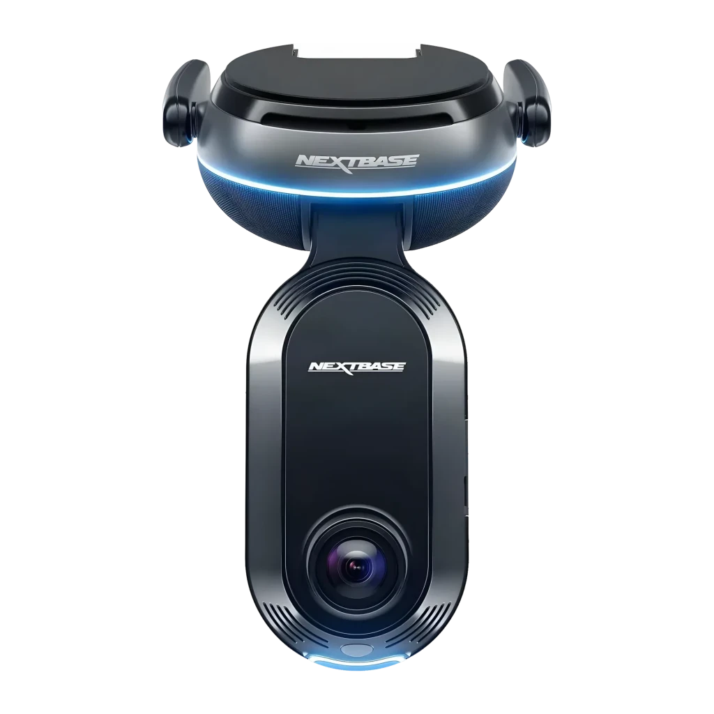 Dashcam Nextbase iQ 2K Noir 2CH 1440p GPS, détail avant: objectif grand angle, anneau LED bleu et support avec logo Nextbase