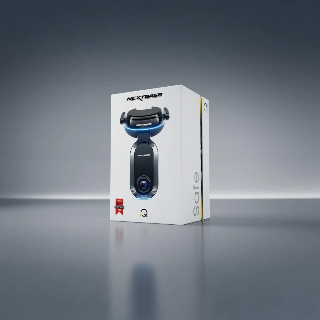 Dashcam Nextbase iQ 2K Noir 2CH 1440p GPS, contenu de la boîte: emballage avec dashcam et support illustrés sur la face avant
