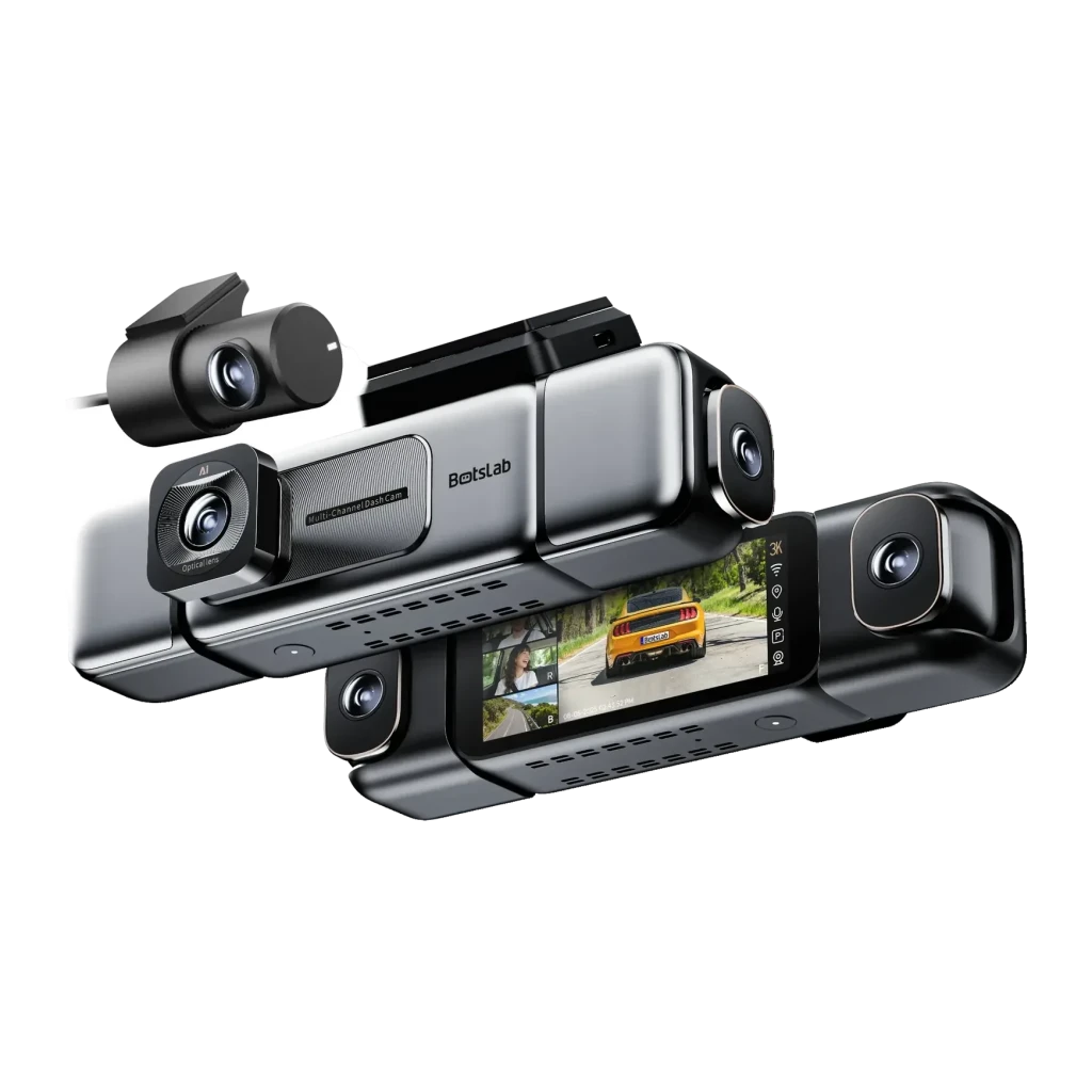 Dashcam Botslab G980H Preto 4 canais 3K GPS, vista frontal: unidade principal com ecrã e módulos de câmara laterais