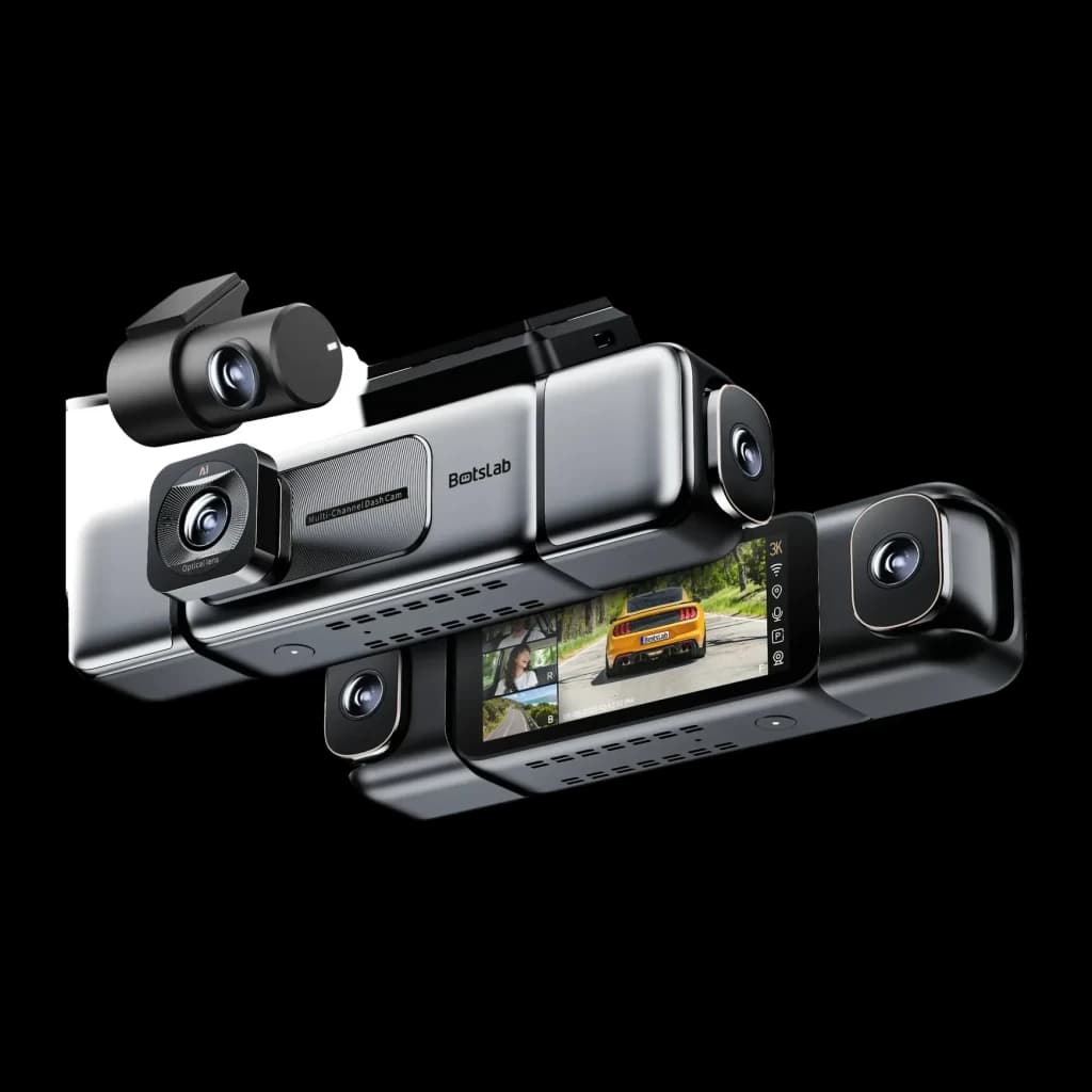 Dashcam Botslab G980H Preto 4 canais 3K GPS, vista frontal: unidade principal com ecrã e módulos de câmara laterais