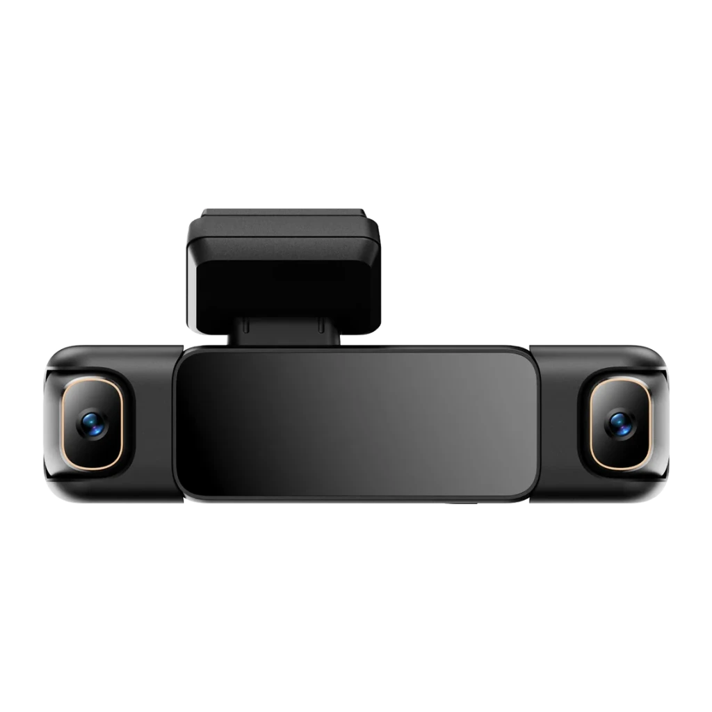 Dashcam Botslab G980H Preto 4 canais 3K GPS, vista traseira: dois objetivas com aro dourado nas extremidades e suporte