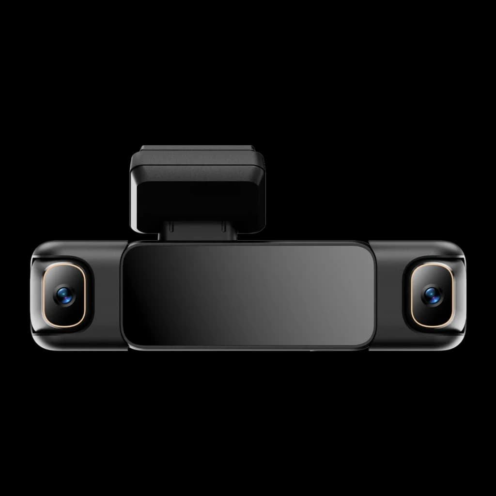 Dashcam Botslab G980H Preto 4 canais 3K GPS, vista traseira: dois objetivas com aro dourado nas extremidades e suporte