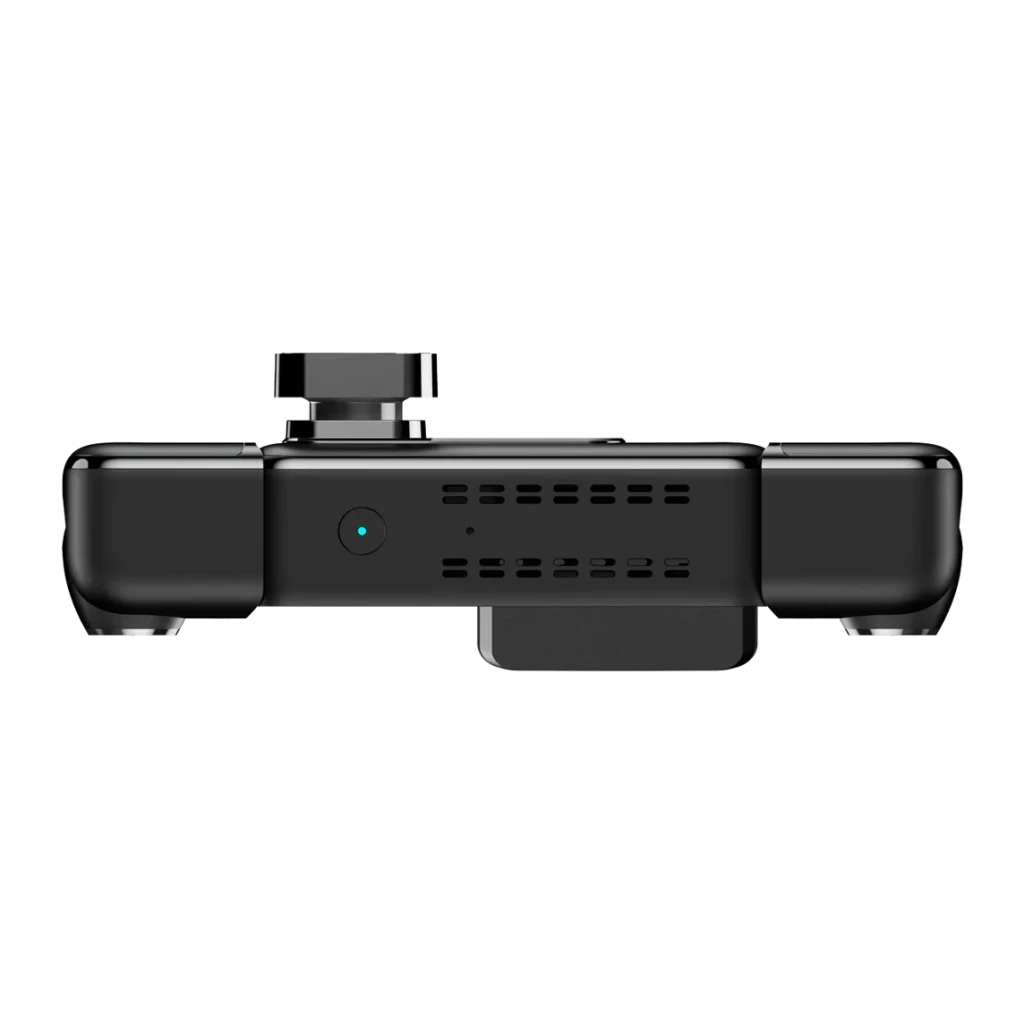 Dashcam Botslab G980H Preto 4 canais 3K GPS, detalhe inferior: grades de ventilação, LED azul e suporte de montagem central