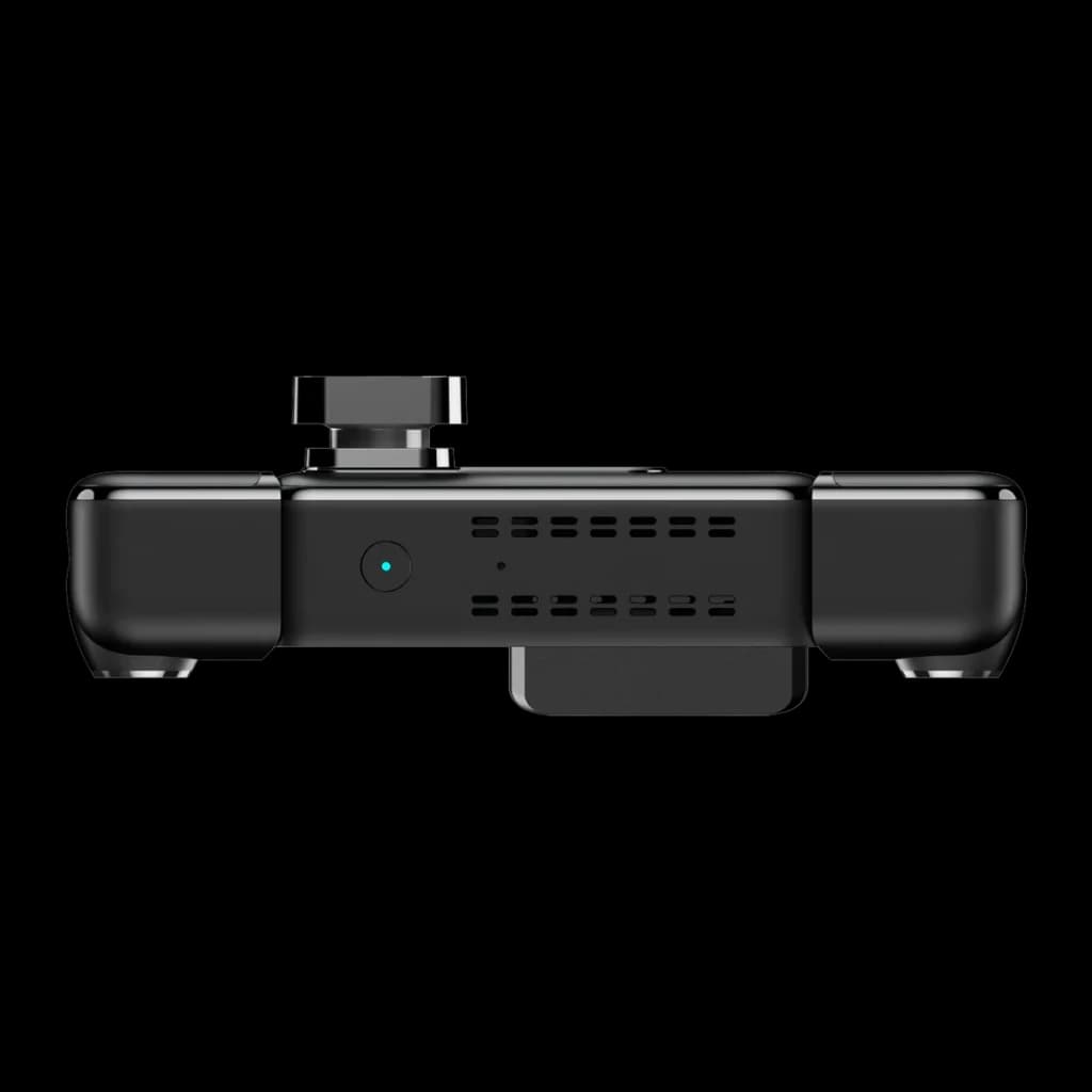Dashcam Botslab G980H Preto 4 canais 3K GPS, detalhe inferior: grades de ventilação, LED azul e suporte de montagem central