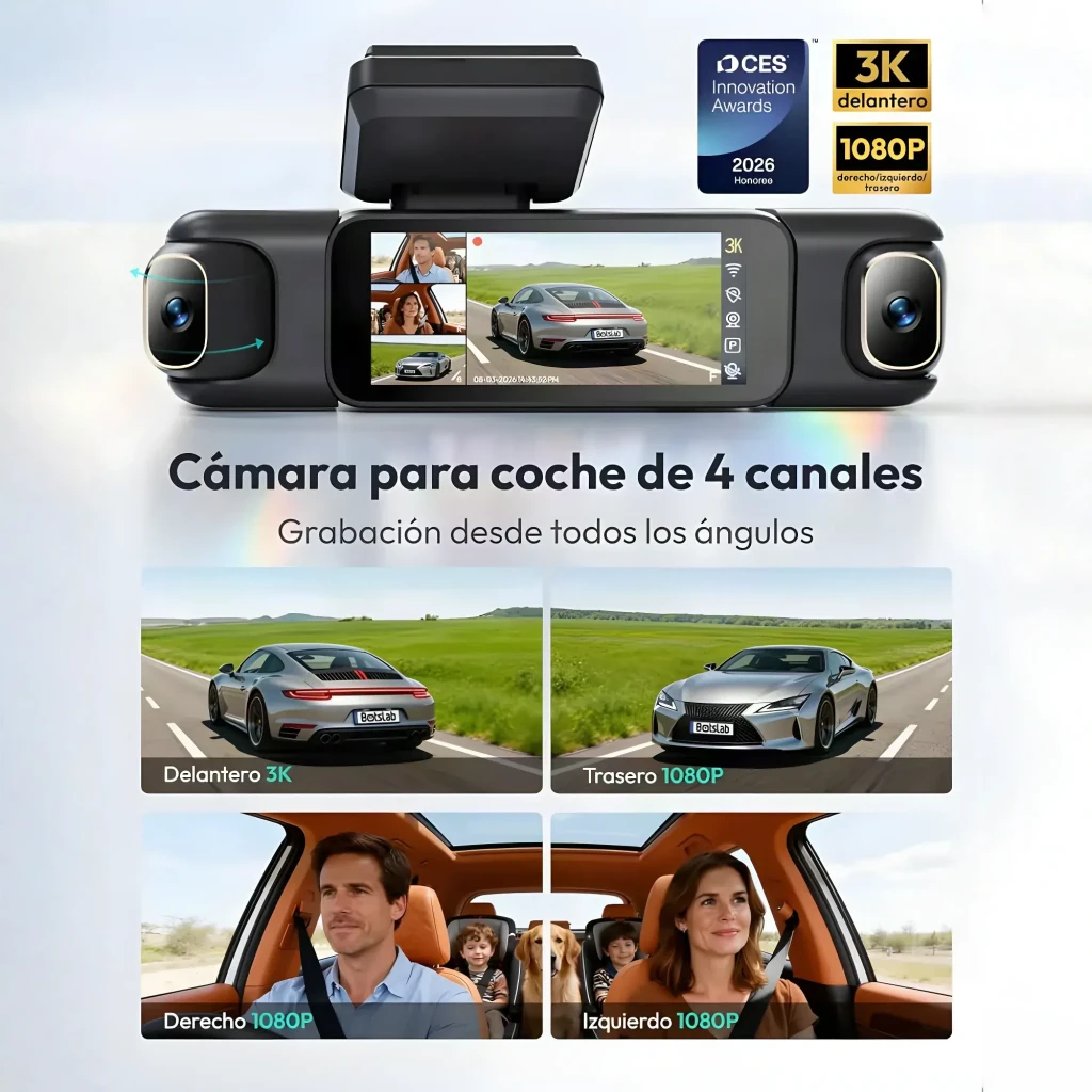 Dashcam Botslab G980H Preto 4 canais 3K GPS, em uso: ecrã com 4 vistas simultâneas, câmeras laterais e selo CES 2026