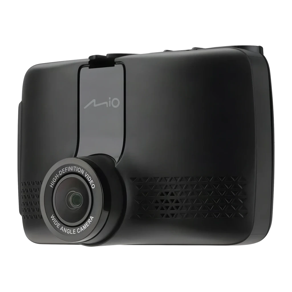 Dashcam Mio MiVue 803W Pro Preto 1CH 2.5K 1440P HDR GPS, vista frontal: objetiva grande angular e logo Mio em corpo preto