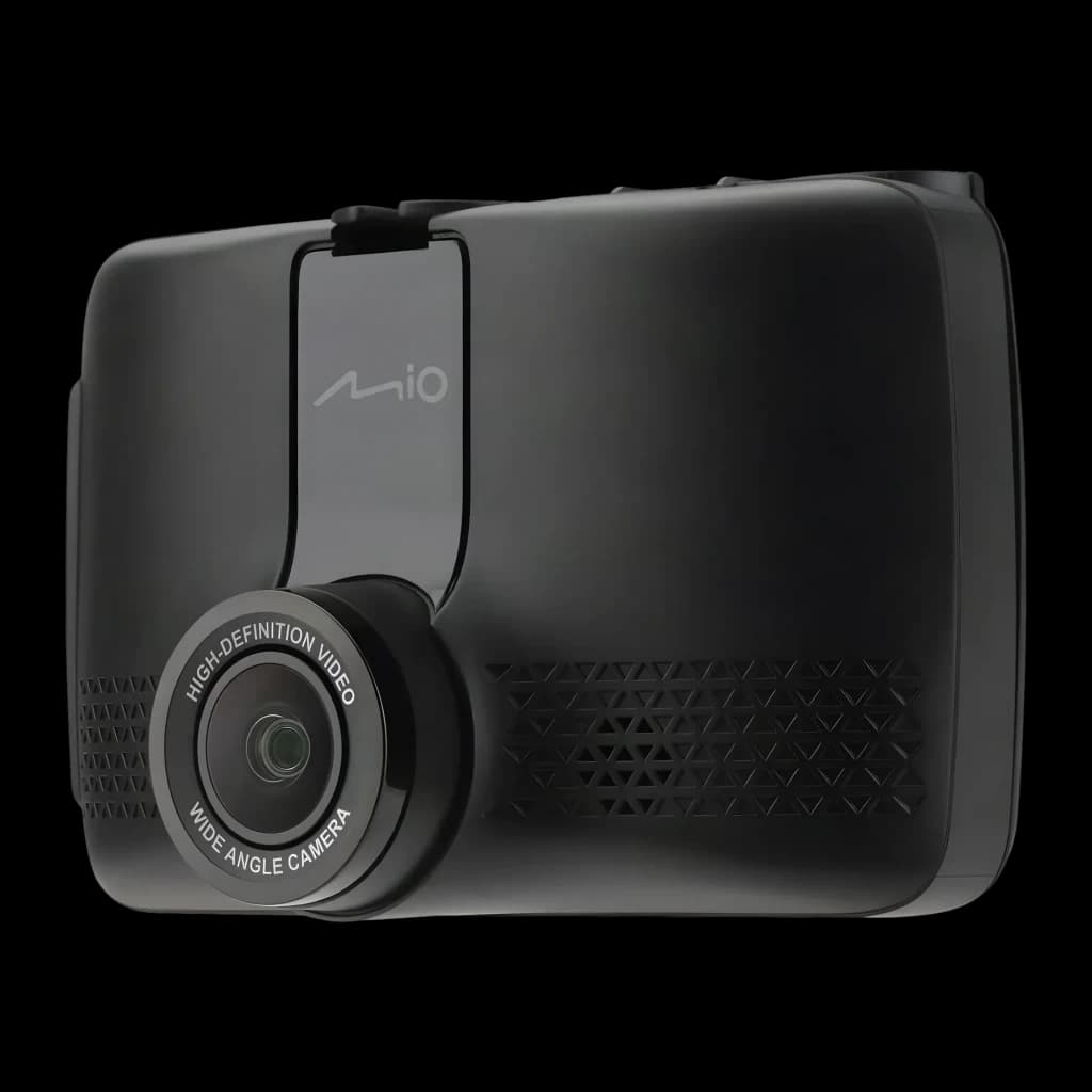 Dashcam Mio MiVue 803W Pro Preto 1CH 2.5K 1440P HDR GPS, vista frontal: objetiva grande angular e logo Mio em corpo preto
