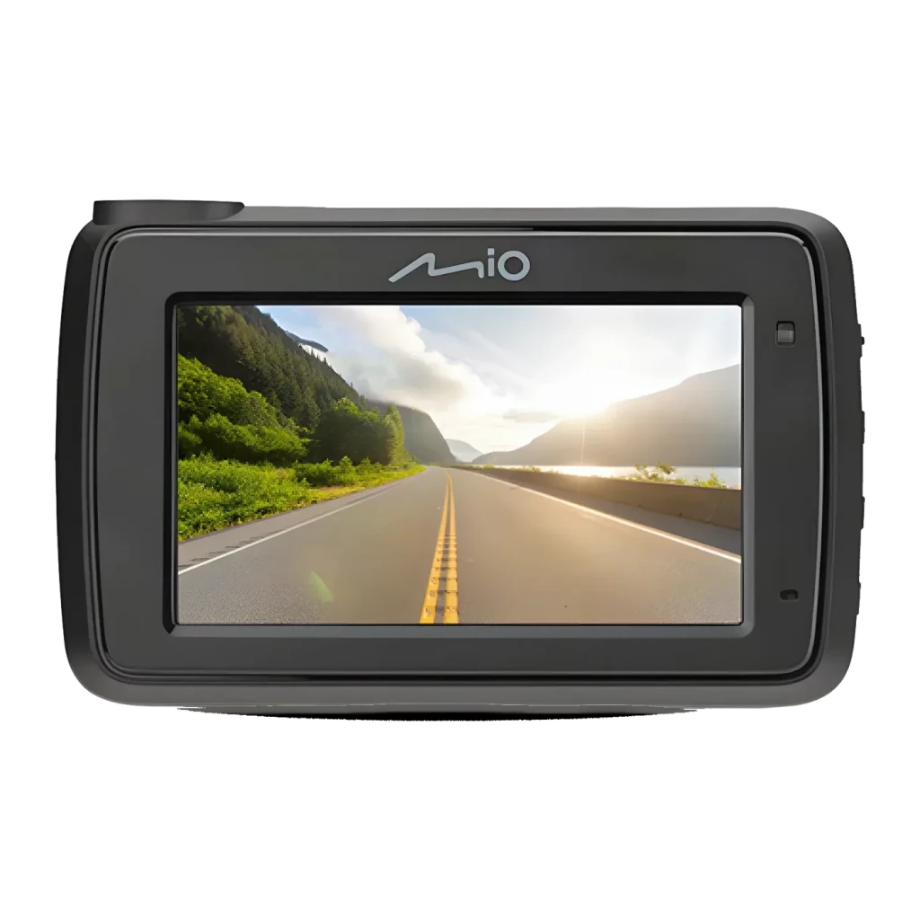 Dashcam Mio MiVue 803W Pro Preto 1CH 2.5K 1440P HDR GPS, vista traseira: ecrã com gravação de estrada e logótipo Mio