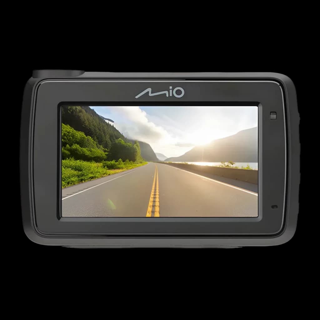 Dashcam Mio MiVue 803W Pro Preto 1CH 2.5K 1440P HDR GPS, vista traseira: ecrã com gravação de estrada e logótipo Mio