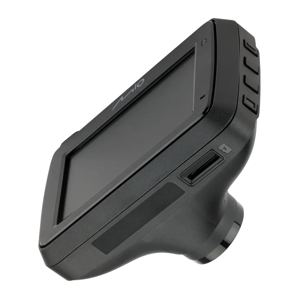 Dashcam Mio MiVue 803W Pro Preto 1CH 2.5K 1440P HDR GPS, detalhe: vista lateral com ecrã, logo Mio, botões laterais e slot